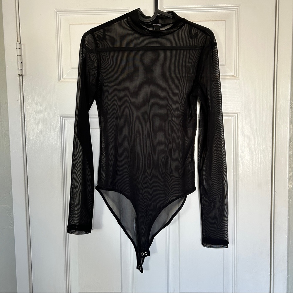 3/$20 Sheer black turtleneck bodysuit, size S